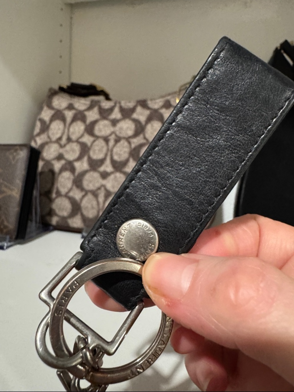 Saint Laurent Black Leather Keyring with Silver YSL Charm / Bag Charm - Picture 5 of 7